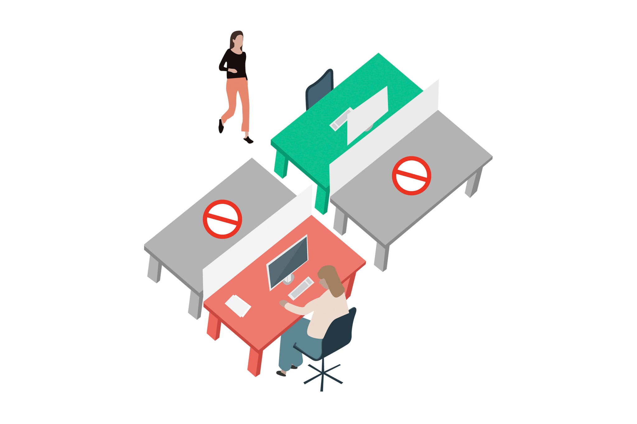 Showing an overview of two blocked desks, one booked desk and one vacant desk