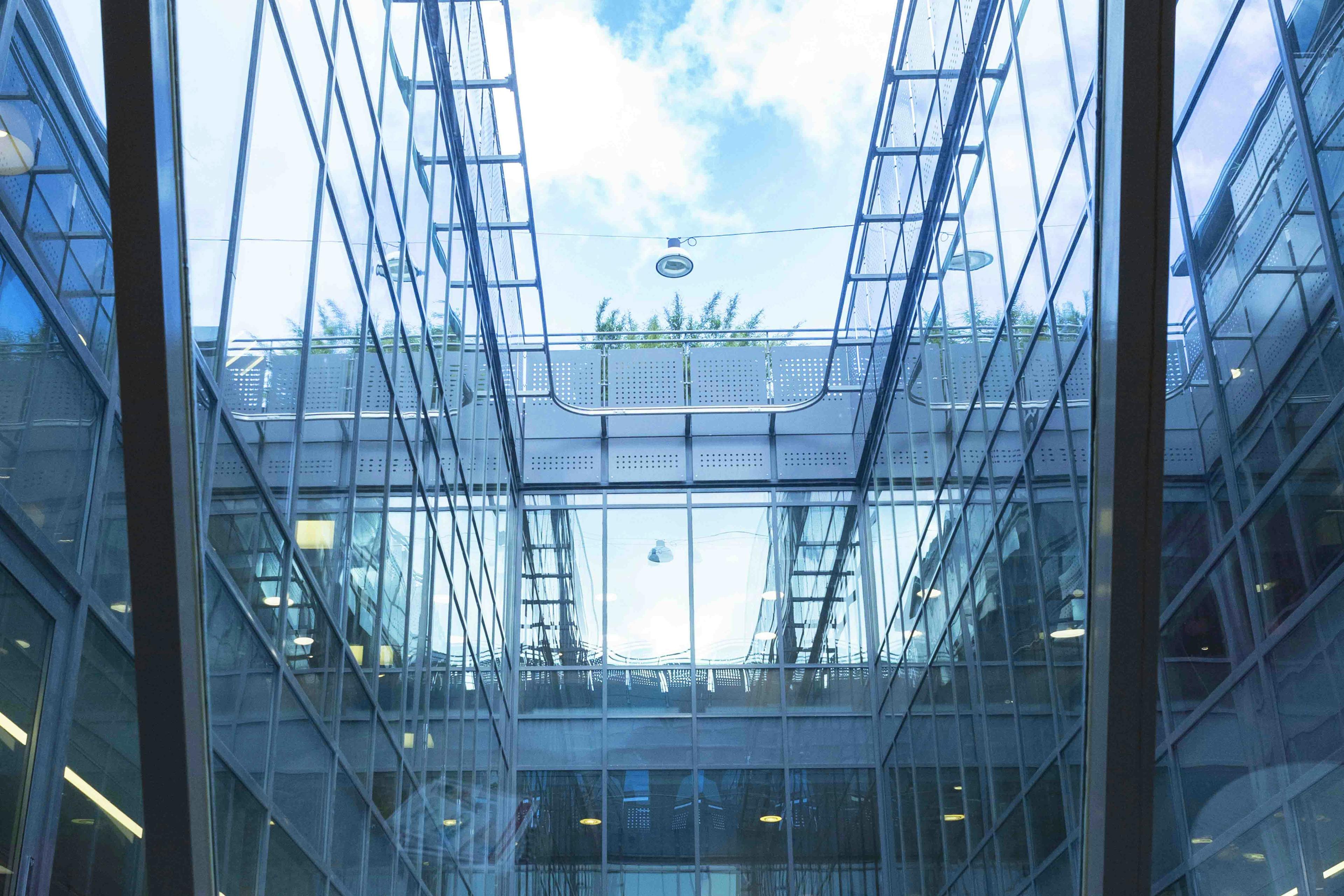 Picture of a large office with glass walls, with multiple tenants.